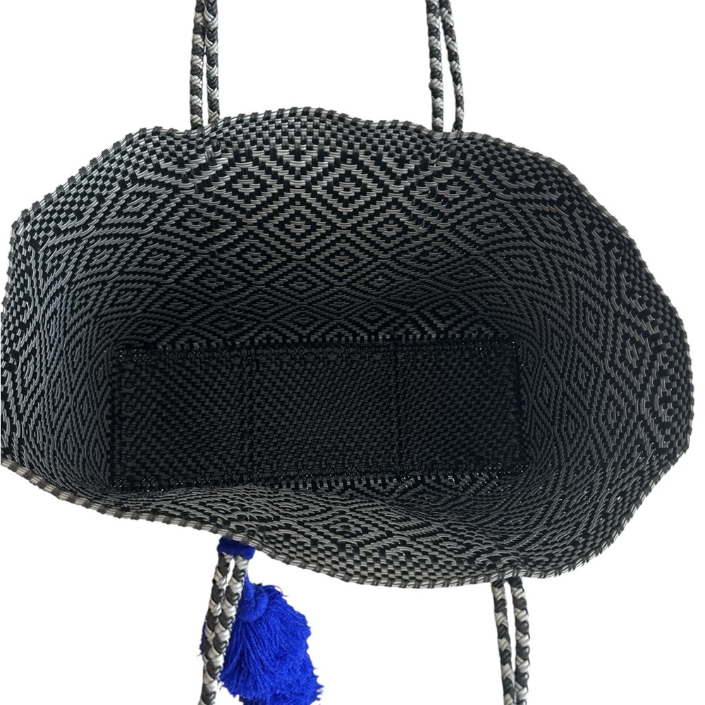 Black and White Patterned Tote Bag with Blue Tassel - Picture 2 of 2